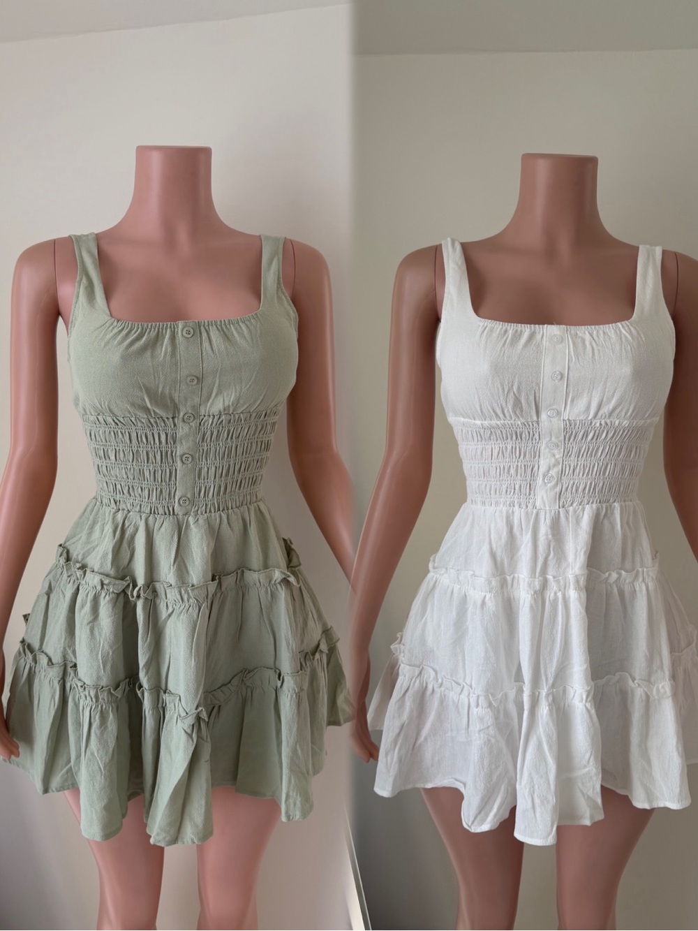 Smocked Tiered Sundress - Sage and White